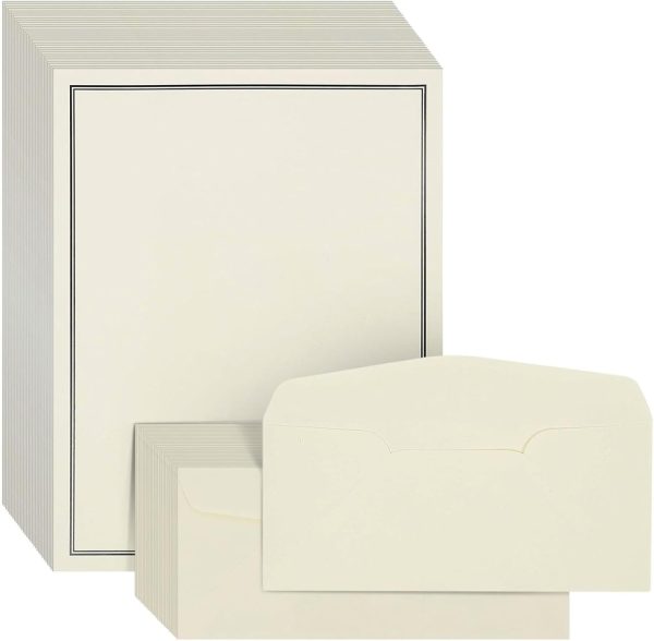 72-Piece Stationery Paper & Envelopes Set - 8.5 x 11 in Ecru Letter Paper with Black Border - Letter Writing Set with 48 Sheets & 24 Envelopes - Supplies for Correspondence