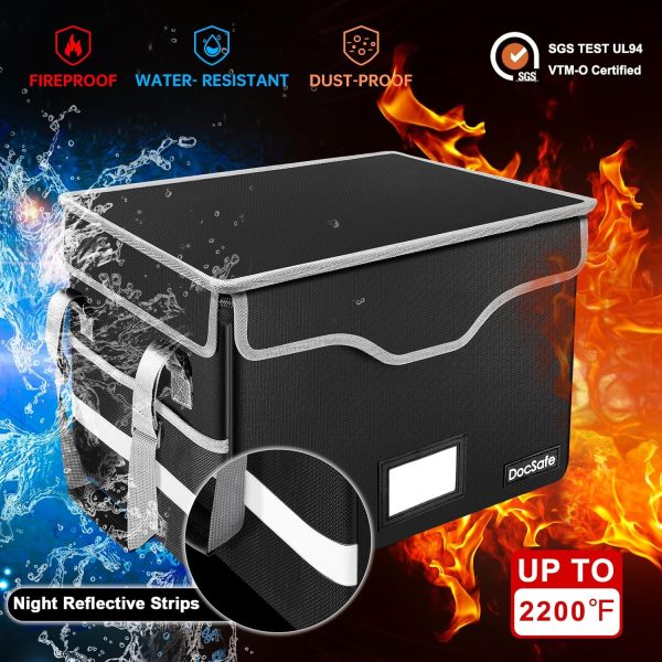 DocSafe Fireproof Document Box with Lock, File Storage Organizer with Mesh Pockets, Collapsible Portable File Box Home Office Safe Filing Cabinet with Handle for Hanging Letter/Legal Folder, Black - Image 3