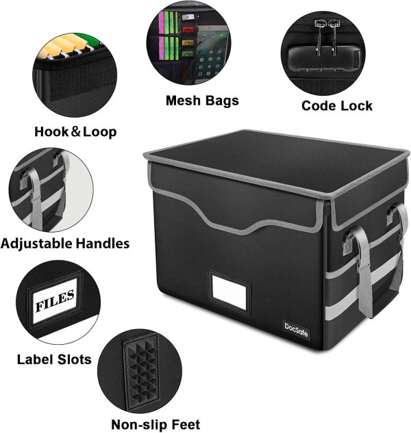 DocSafe Fireproof Document Box with Lock, File Storage Organizer with Mesh Pockets, Collapsible Portable File Box Home Office Safe Filing Cabinet with Handle for Hanging Letter/Legal Folder, Black - Image 4