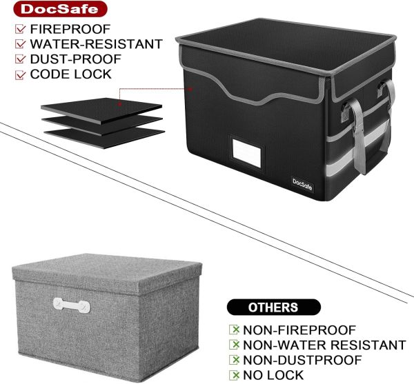 DocSafe Fireproof Document Box with Lock, File Storage Organizer with Mesh Pockets, Collapsible Portable File Box Home Office Safe Filing Cabinet with Handle for Hanging Letter/Legal Folder, Black - Image 6