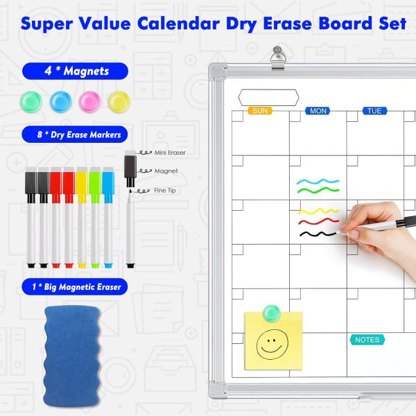Dry Erase Calendar Whiteboard for Wall, 36" x 24" Magnetic Monthly White Board Calendar Dry Erase, Wall Hanging Aluminum Frame with Tray for Home, School, Office (Silver Frame) - Image 2