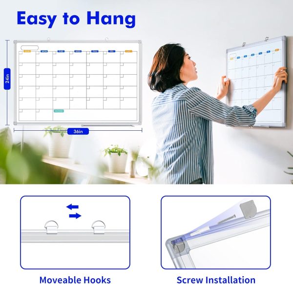 Dry Erase Calendar Whiteboard for Wall, 36" x 24" Magnetic Monthly White Board Calendar Dry Erase, Wall Hanging Aluminum Frame with Tray for Home, School, Office (Silver Frame) - Image 3