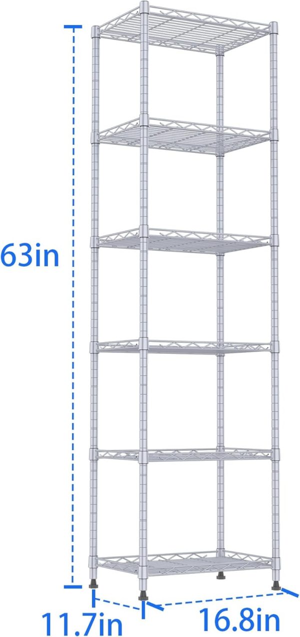 REGILLER 6 Wire Shelving Steel Storage Rack Adjustable Unit Shelves for Laundry Bathroom Kitchen Pantry Closet(Silver, 11.7" D x 16.8" W x 63" H) - Image 3