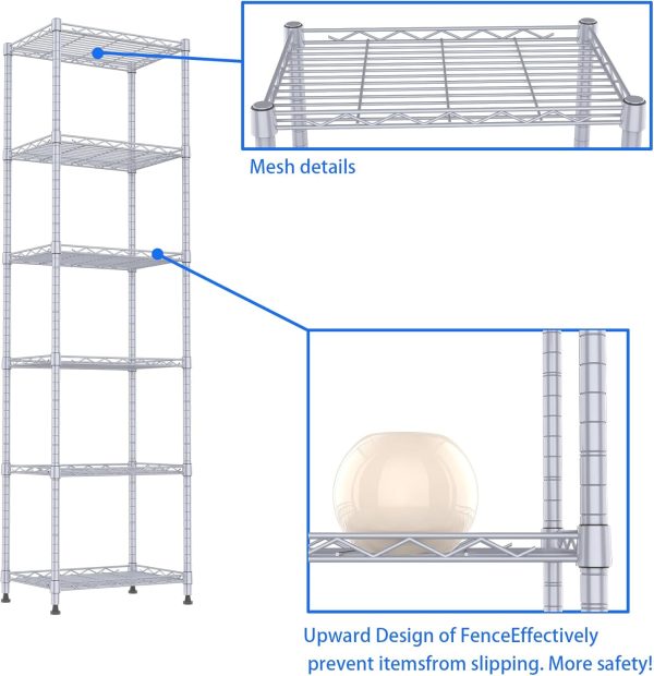 REGILLER 6 Wire Shelving Steel Storage Rack Adjustable Unit Shelves for Laundry Bathroom Kitchen Pantry Closet(Silver, 11.7" D x 16.8" W x 63" H) - Image 7