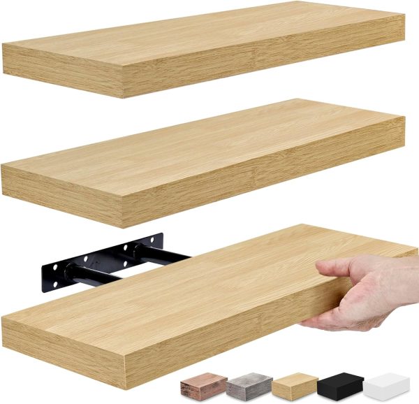Sorbus Floating Shelves for Wall, Bathroom Shelves Wall Mounted for Kitchen, Bedroom, Bathroom Storage Over Toilet, Hanging Book Shelf for Wall Home Decor Living Room (Maple Wood, 3 Pack) - Image 4
